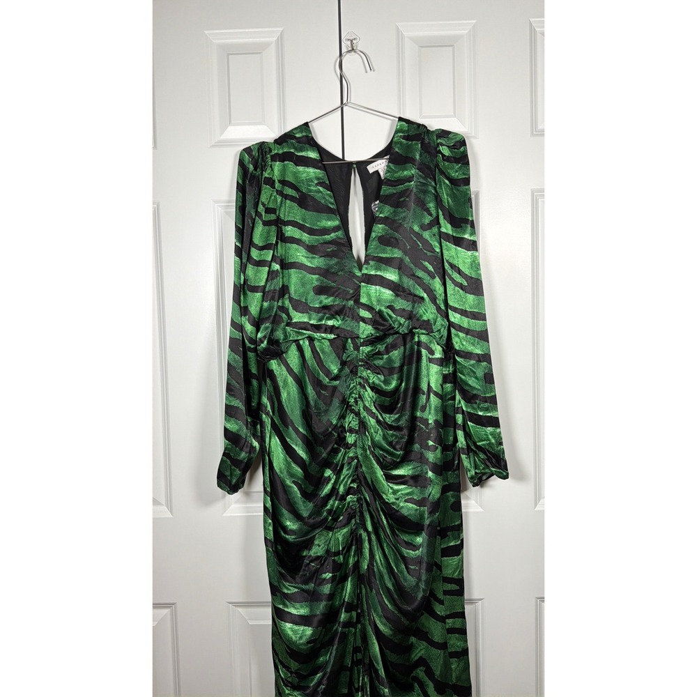 NWT Topshop Green Black Zebra Print Ruched V-Neck Midi Dress Long Sleeve sz12 - Picture 5 of 13